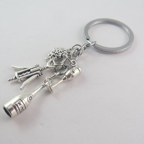 Wine Lover Keychain Wine Bottle Glass Charm Grape Key Ring Vineyard Accessory - Picture 3 of 4